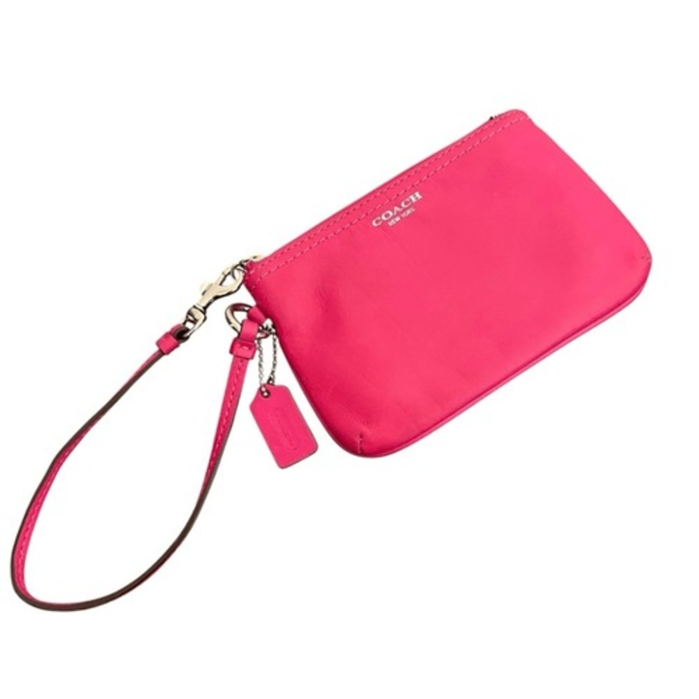 Coach Pink Leather Wristlet Silver Hardware Small Zip Pouch Bag